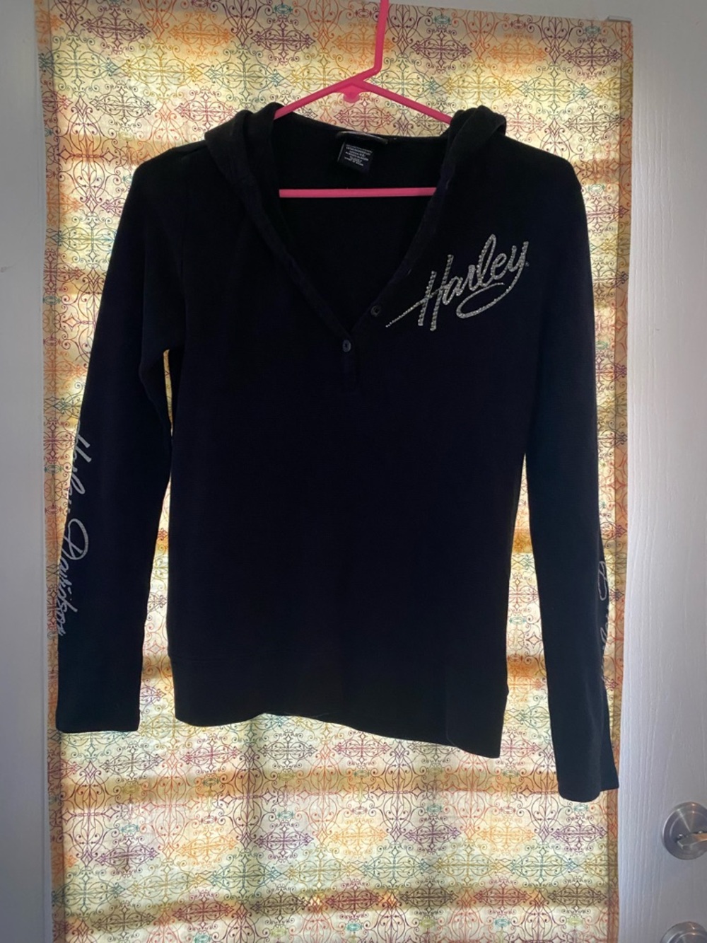 SOLD-Harley-Davidson Black Women's Hooded Pullover with Crystal Script